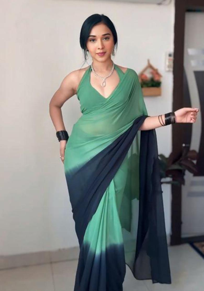 Green And Black Embroidered Georgette Saree Set - Indya