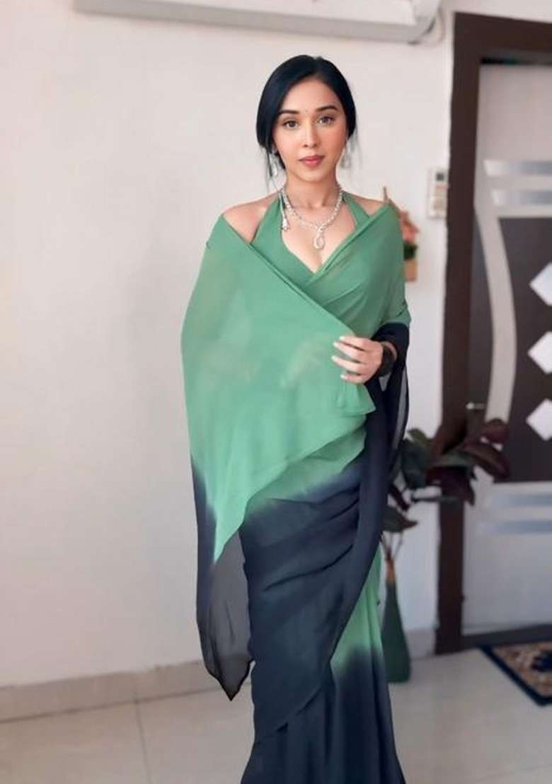 Green And Black Embroidered Georgette Saree Set - Indya