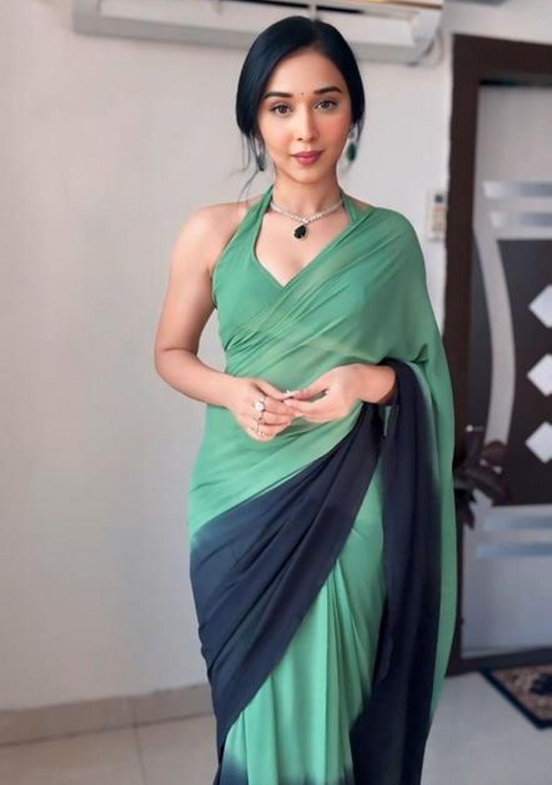 Green And Black Embroidered Georgette Saree Set - Indya