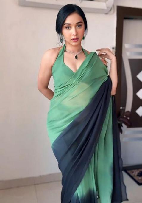 Green And Black Embroidered Georgette Saree Set