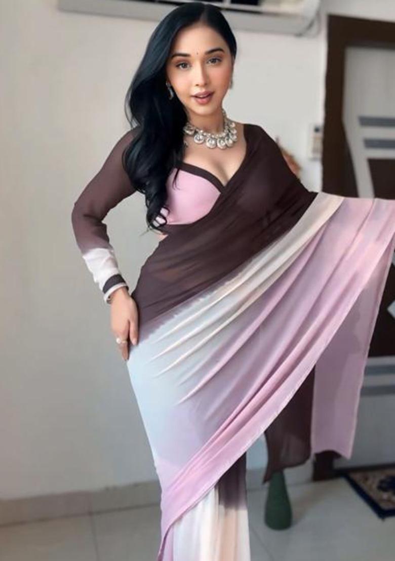 Brown Embroidered Georgette Saree Set - Indya