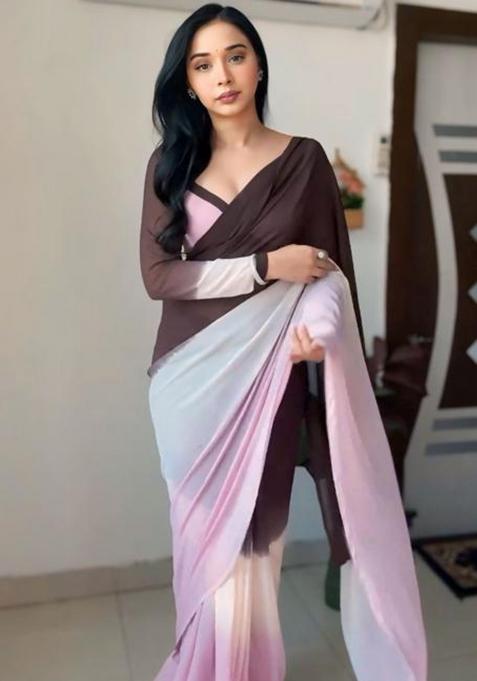 Brown Embroidered Georgette Saree Set