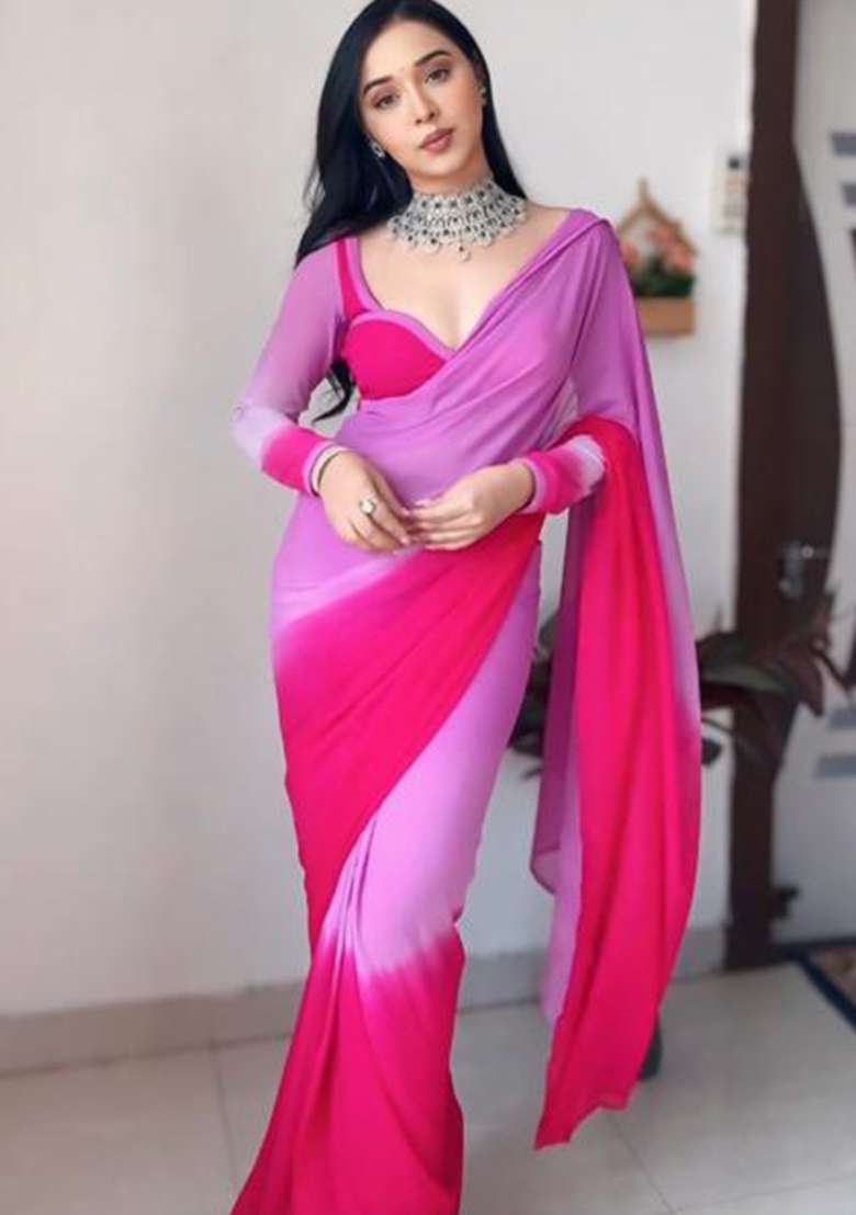 Ombre Pink Embroidered Georgette Saree Set - Indya