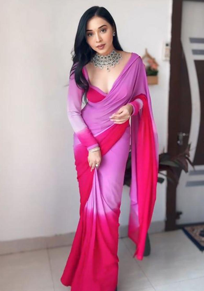 Ombre Pink Embroidered Georgette Saree Set - Indya