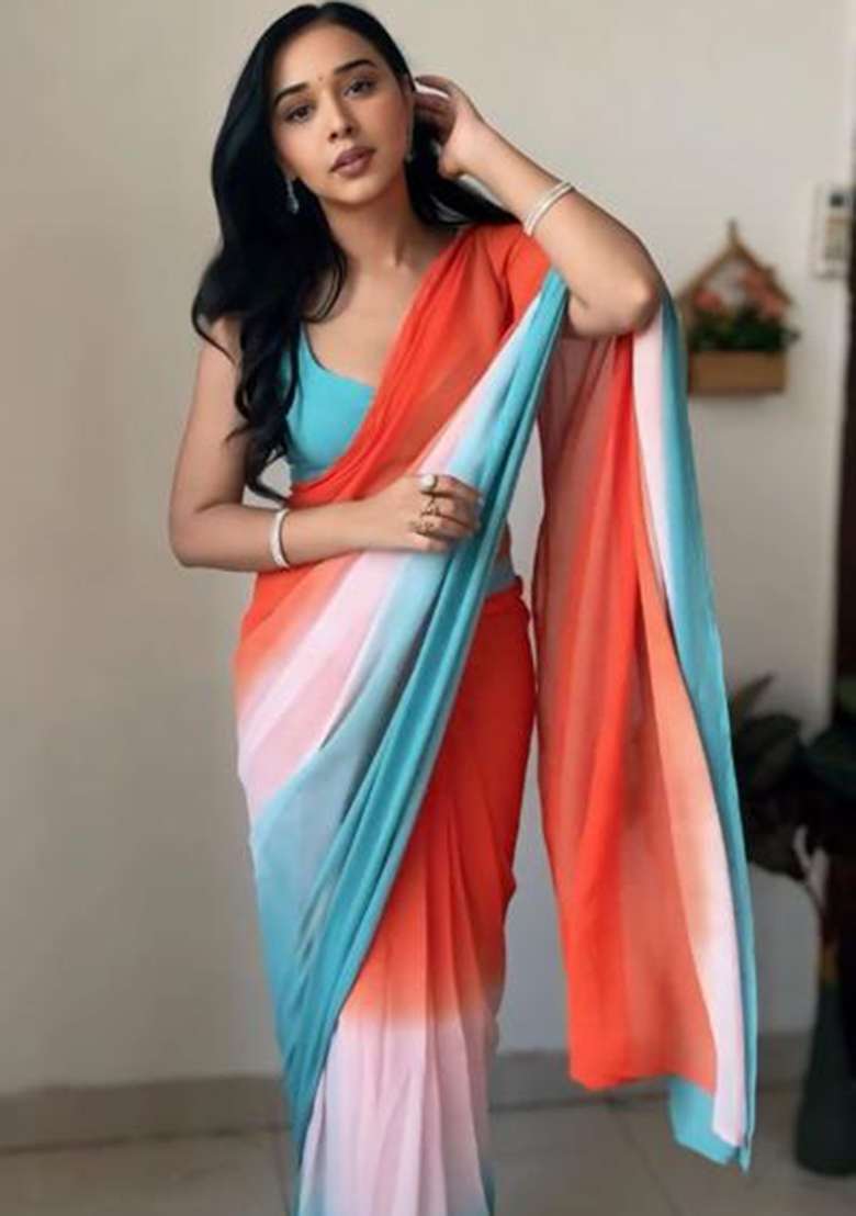 Orange Light Blue Embroidered Georgette Saree Set - Indya