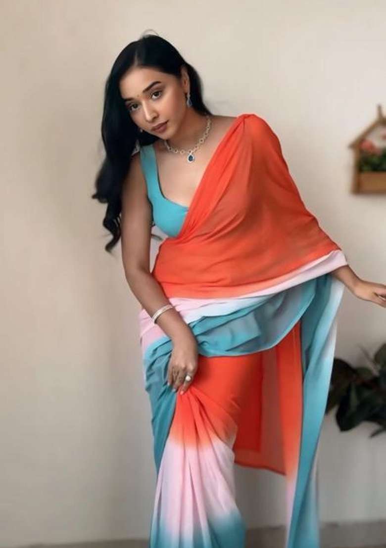 Orange Light Blue Embroidered Georgette Saree Set - Indya