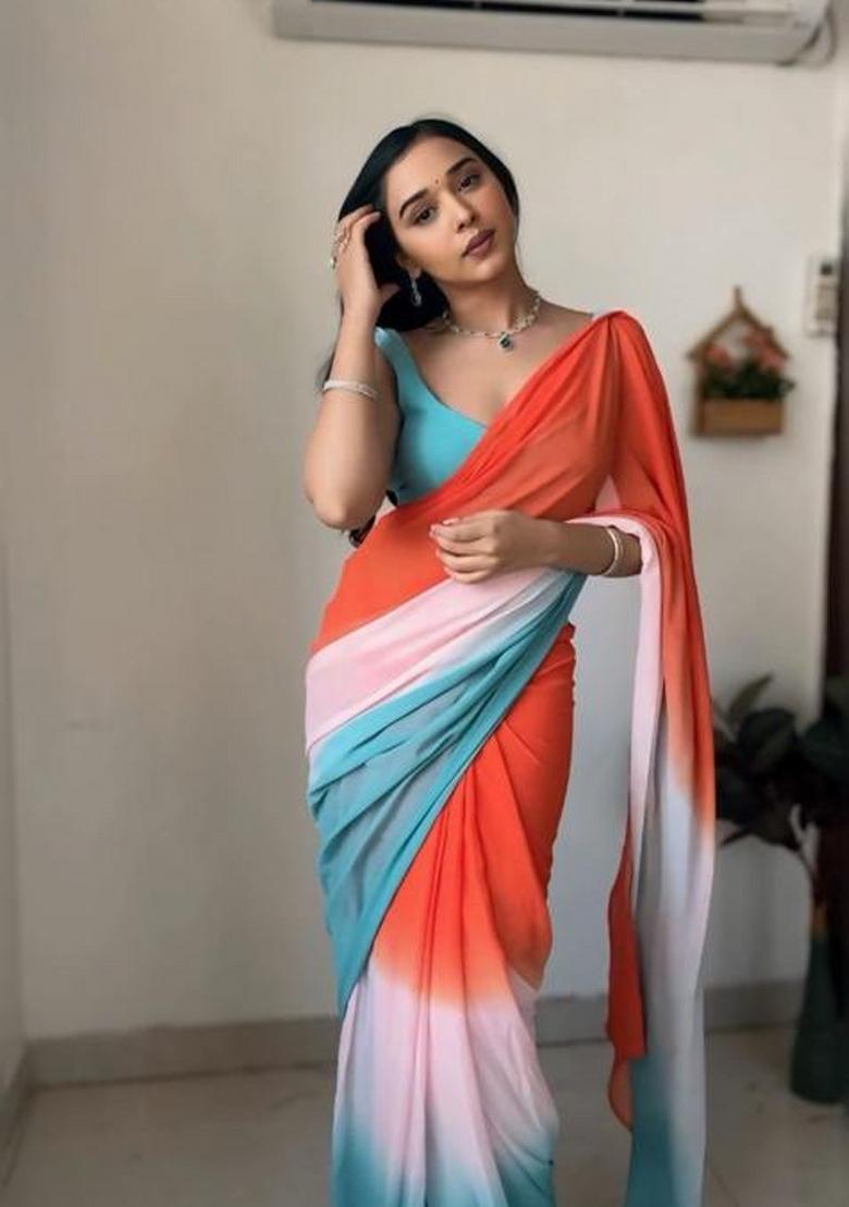 Orange Light Blue Embroidered Georgette Saree Set - Indya