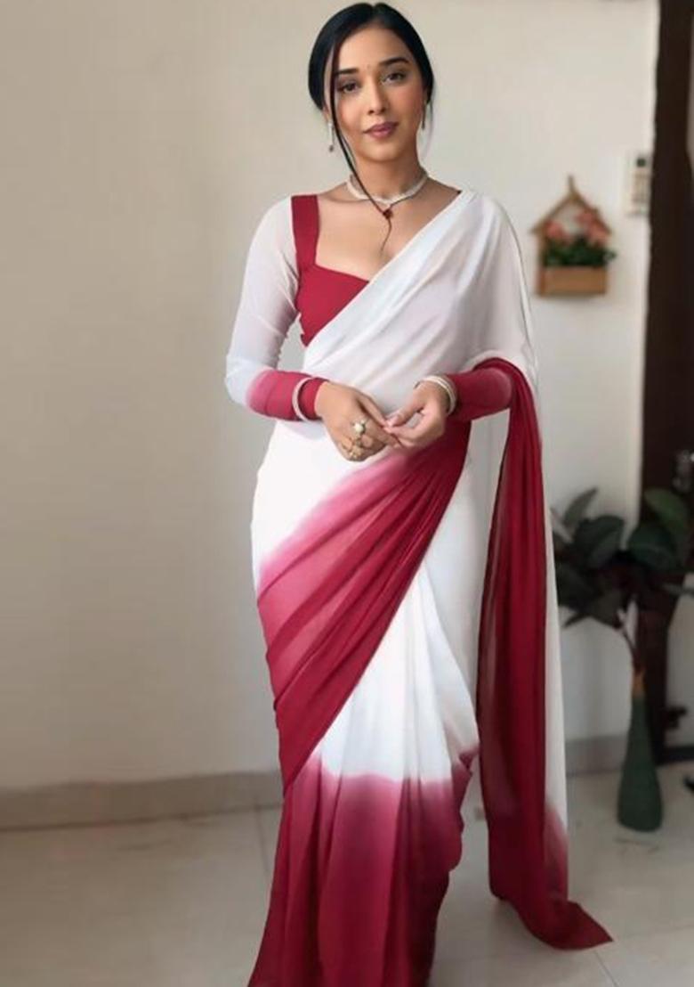 White And Red Embroidered Georgette Saree Set - Indya