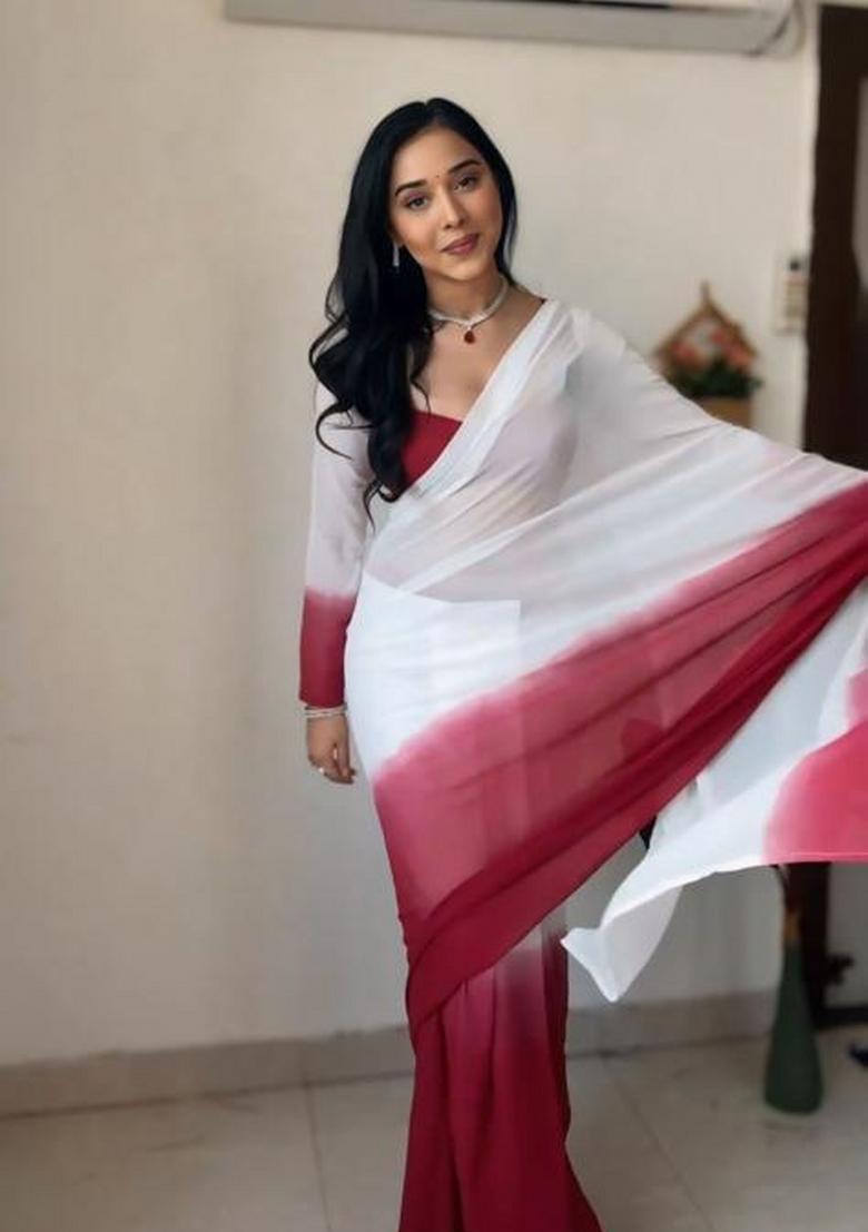 White And Red Embroidered Georgette Saree Set - Indya