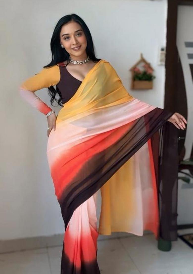 Multicolor Embroidered Georgette Saree Set - Indya