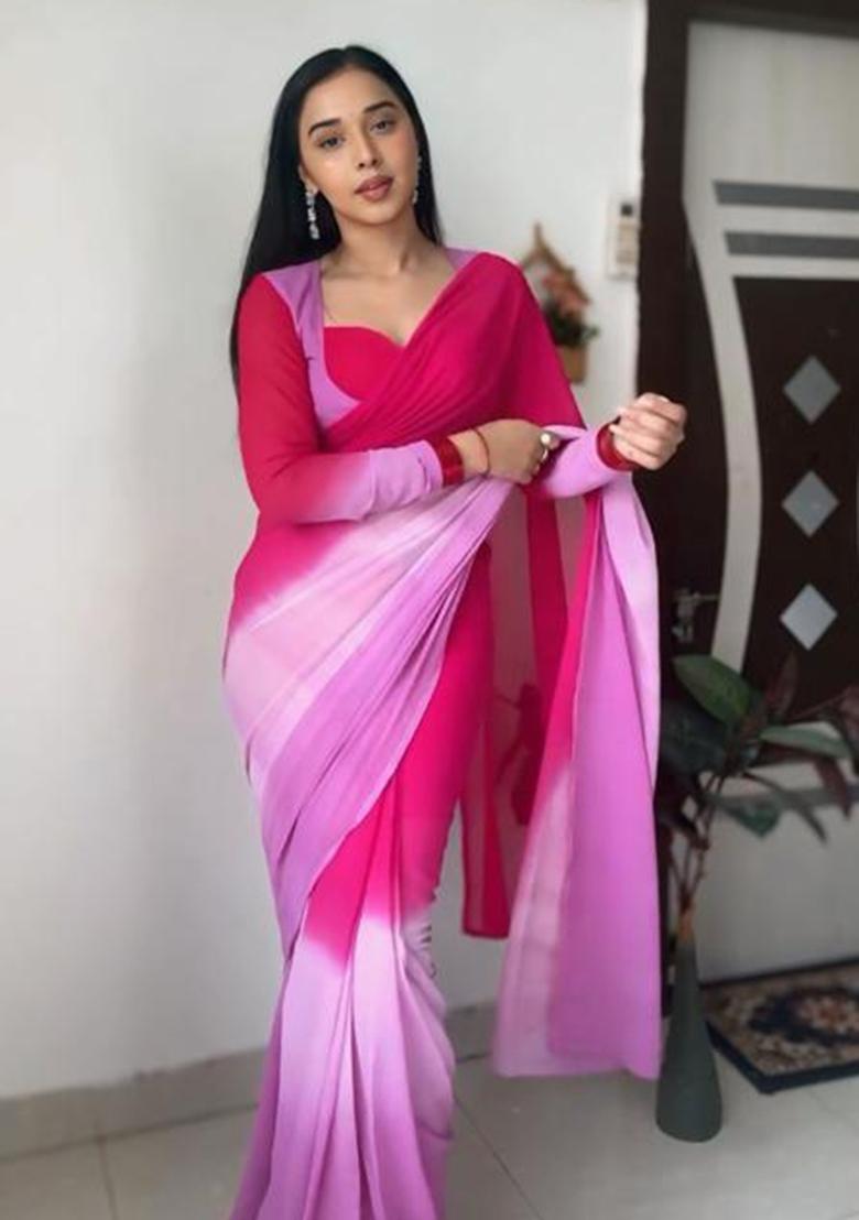 Ombre Pink And Purple Embroidered Georgette Saree Set - Indya