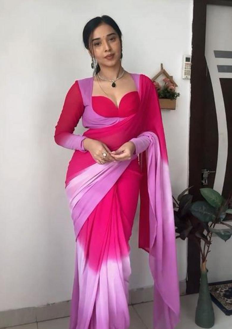 Ombre Pink And Purple Embroidered Georgette Saree Set - Indya