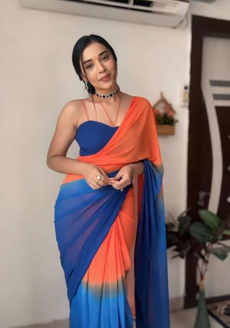 Orange And Deep Blue Embroidered Georgette Saree Set - Indya