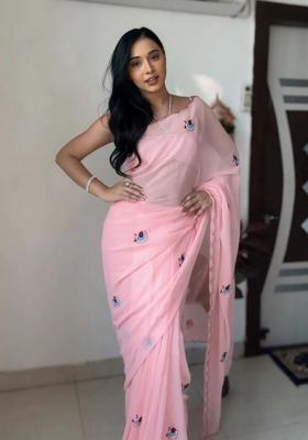 Pink Embroidered Georgette Saree Set