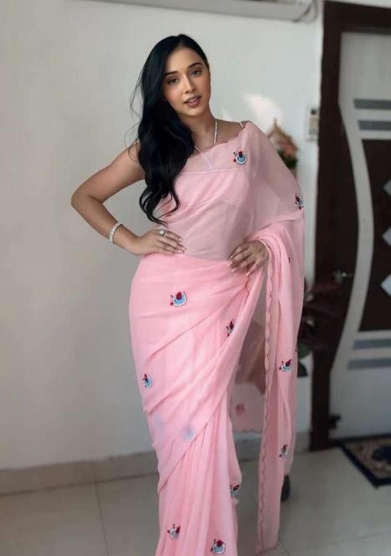 Pink Embroidered Georgette Saree Set - Indya