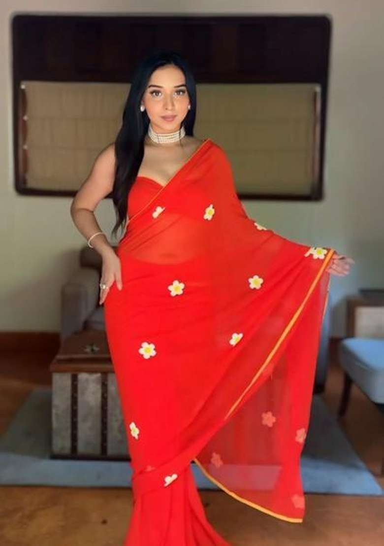 Red Embroidered Georgette Saree Set - Indya