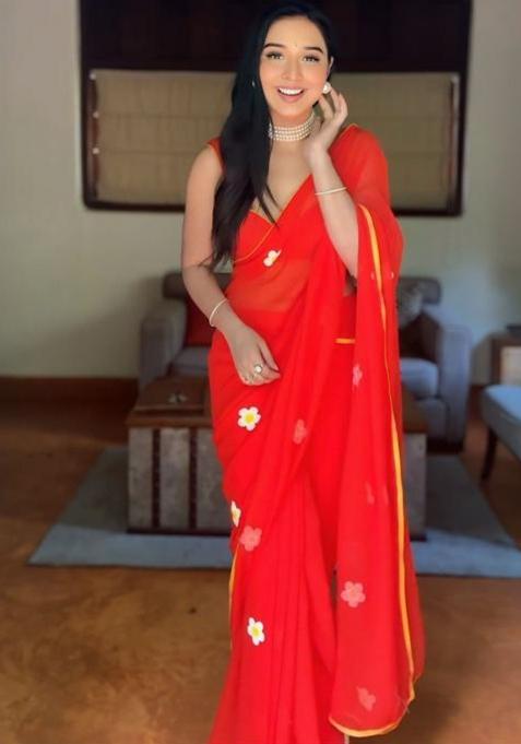 Red Embroidered Georgette Saree Set