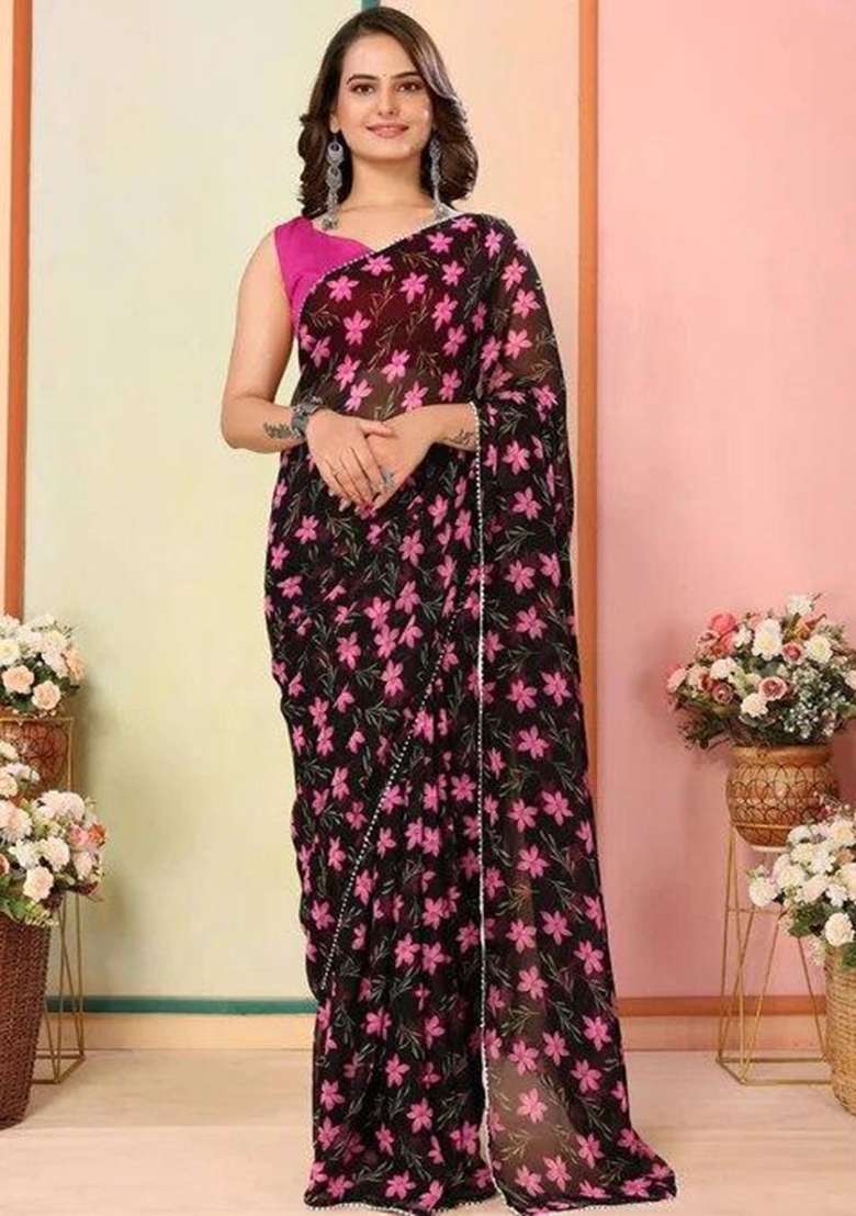 Black Embroidered Georgette Saree Set - Indya