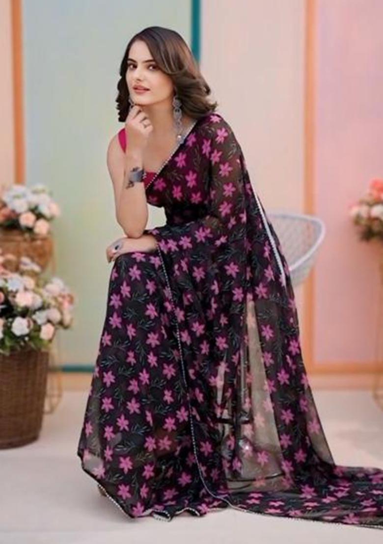 Black Embroidered Georgette Saree Set - Indya