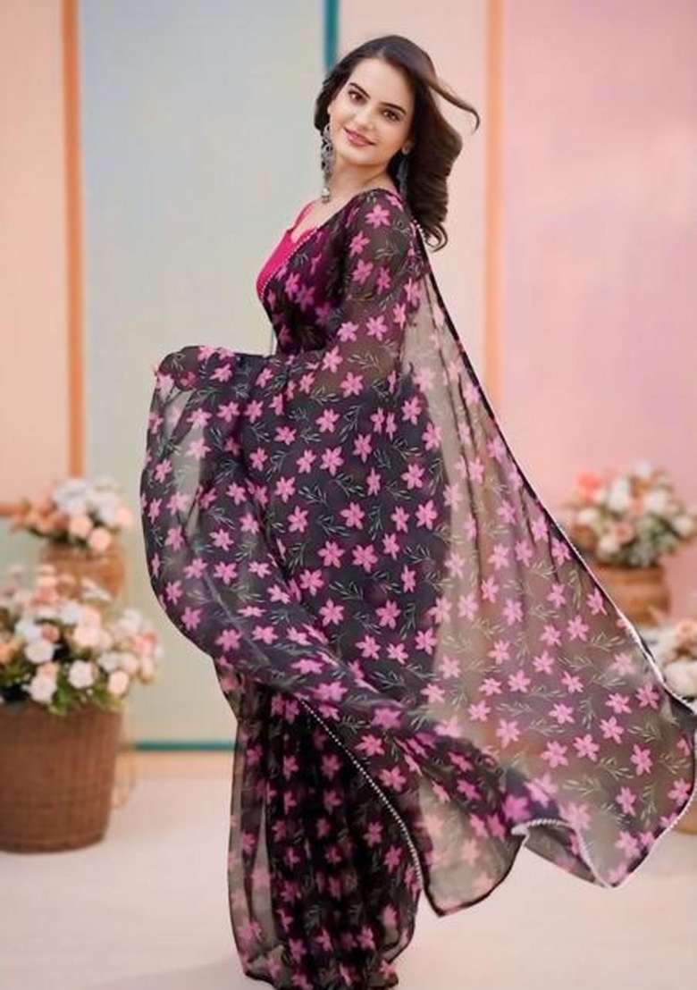 Black Embroidered Georgette Saree Set - Indya