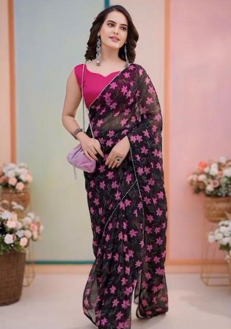 Black Embroidered Georgette Saree Set - Indya