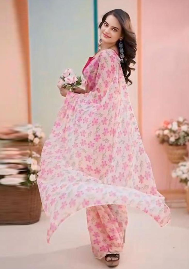 Black Embroidered Georgette Saree Set - Indya