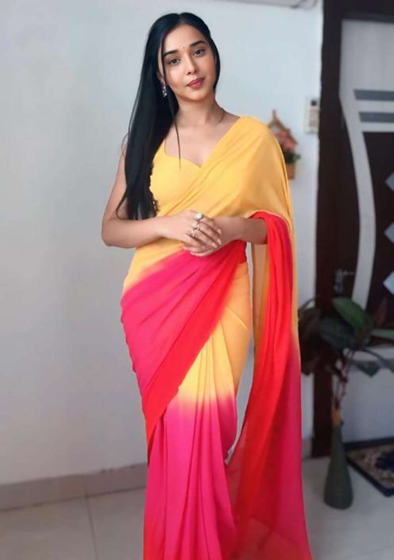 Yellow Pink Embroidered Georgette Saree Set - Indya