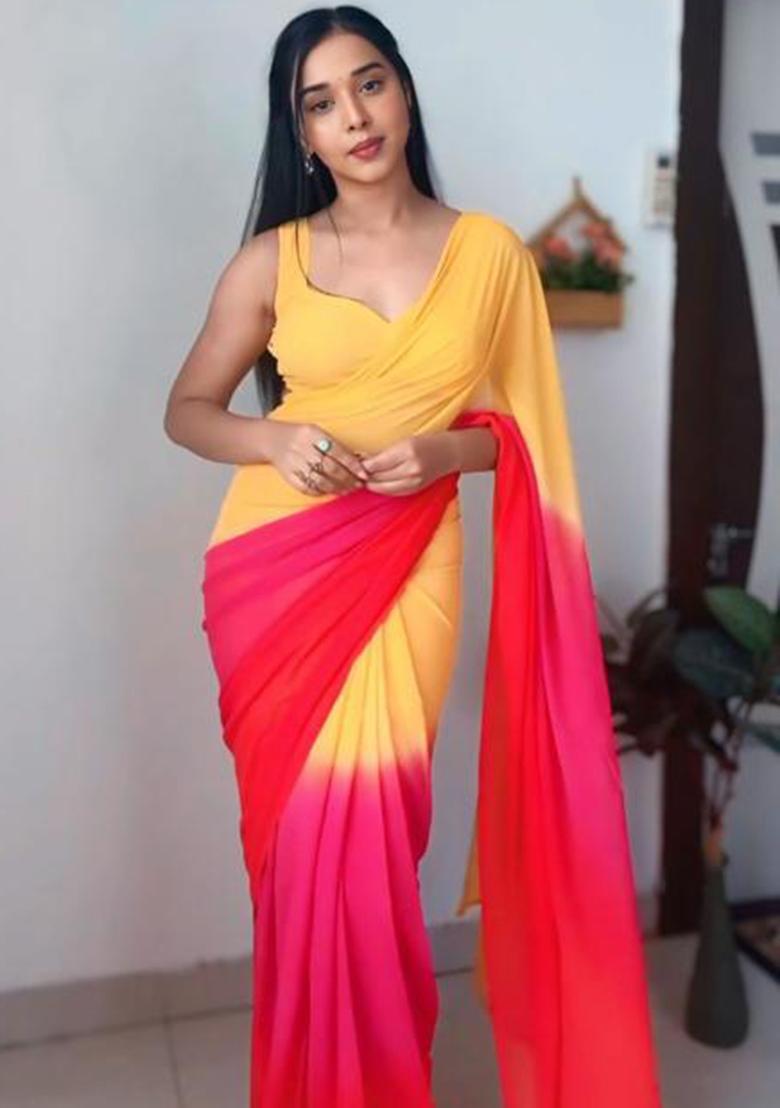 Yellow Pink Embroidered Georgette Saree Set - Indya