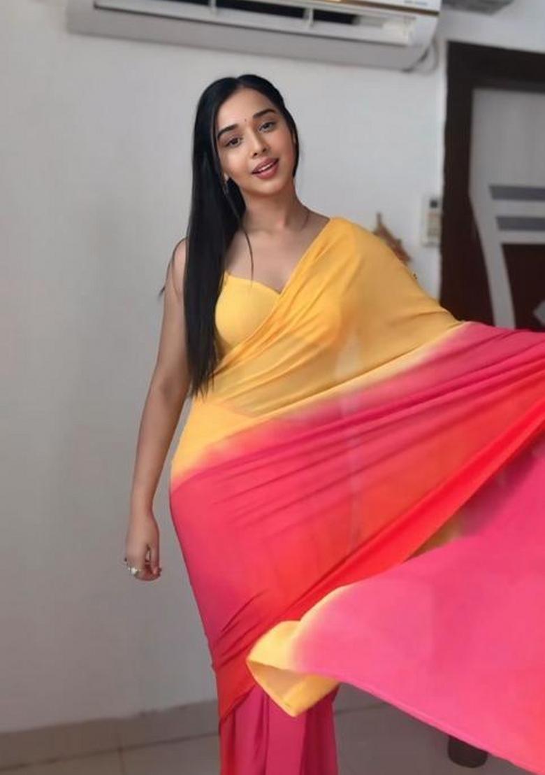 Yellow Pink Embroidered Georgette Saree Set - Indya