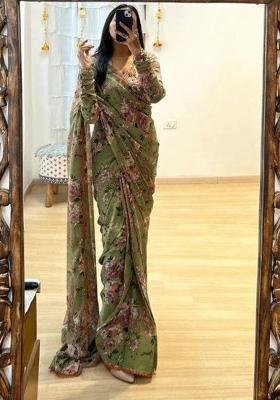 Green Floral Embroidered Georgette Saree Set