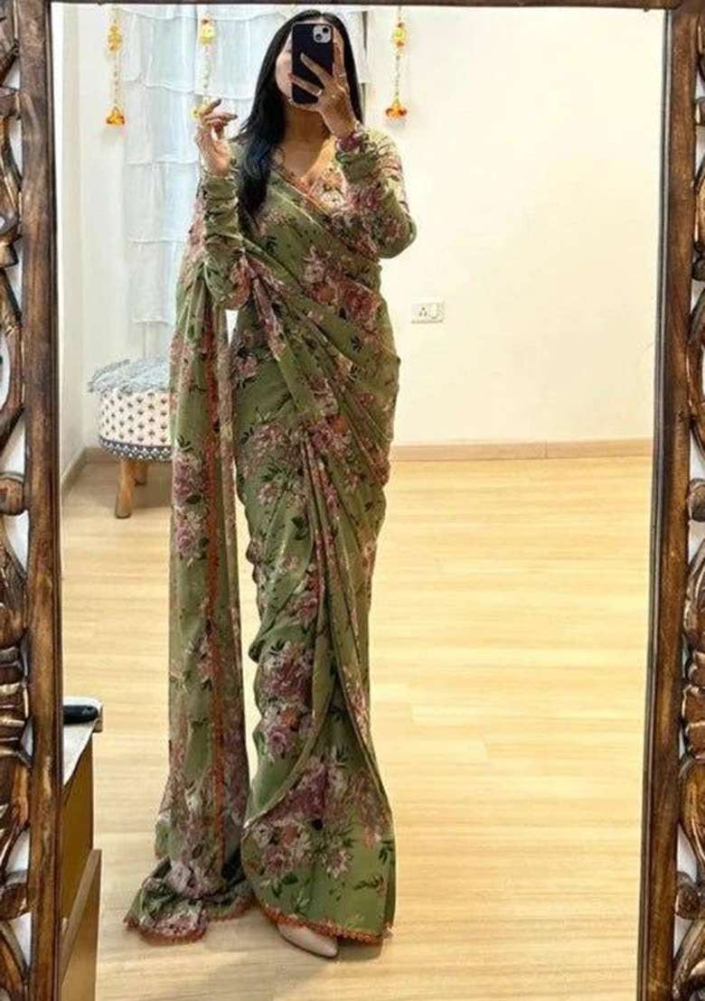 Green Floral Embroidered Georgette Saree Set - Indya