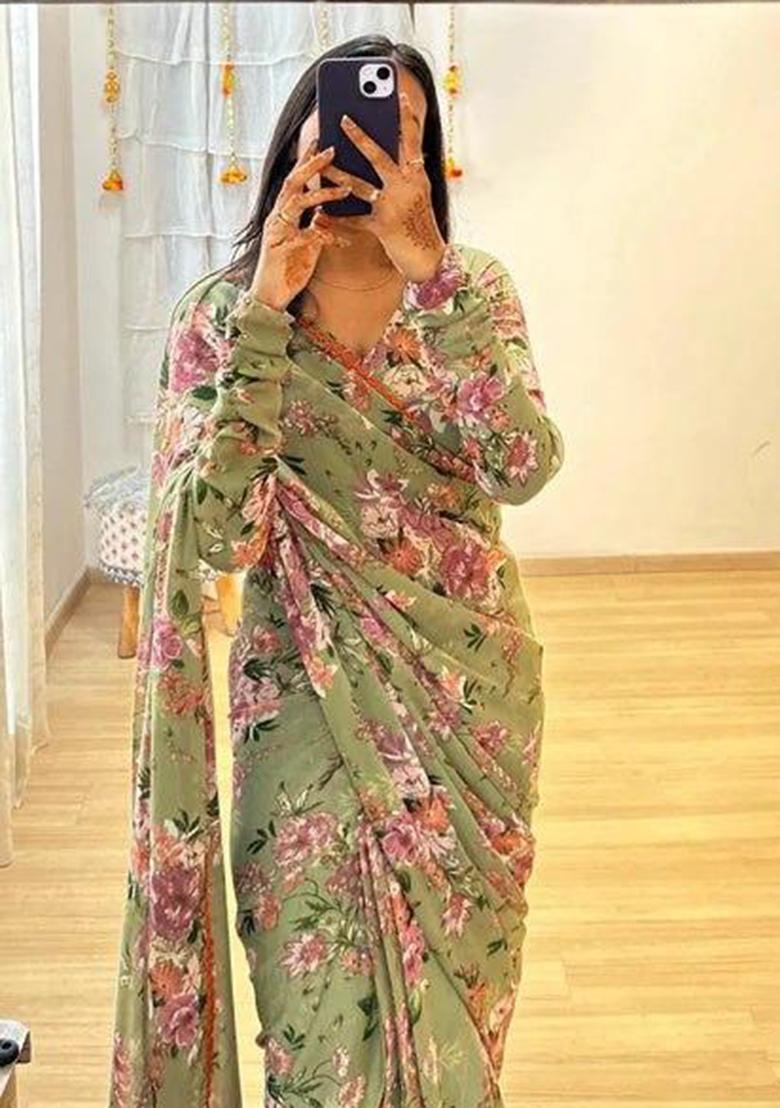 Green Floral Embroidered Georgette Saree Set - Indya