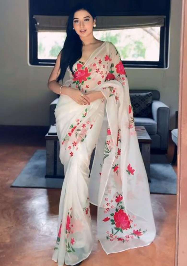 White Embroidered Organza Saree Set - Indya