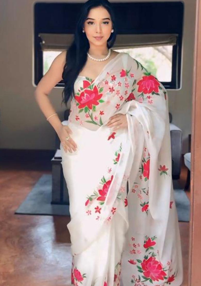 White Embroidered Organza Saree Set - Indya