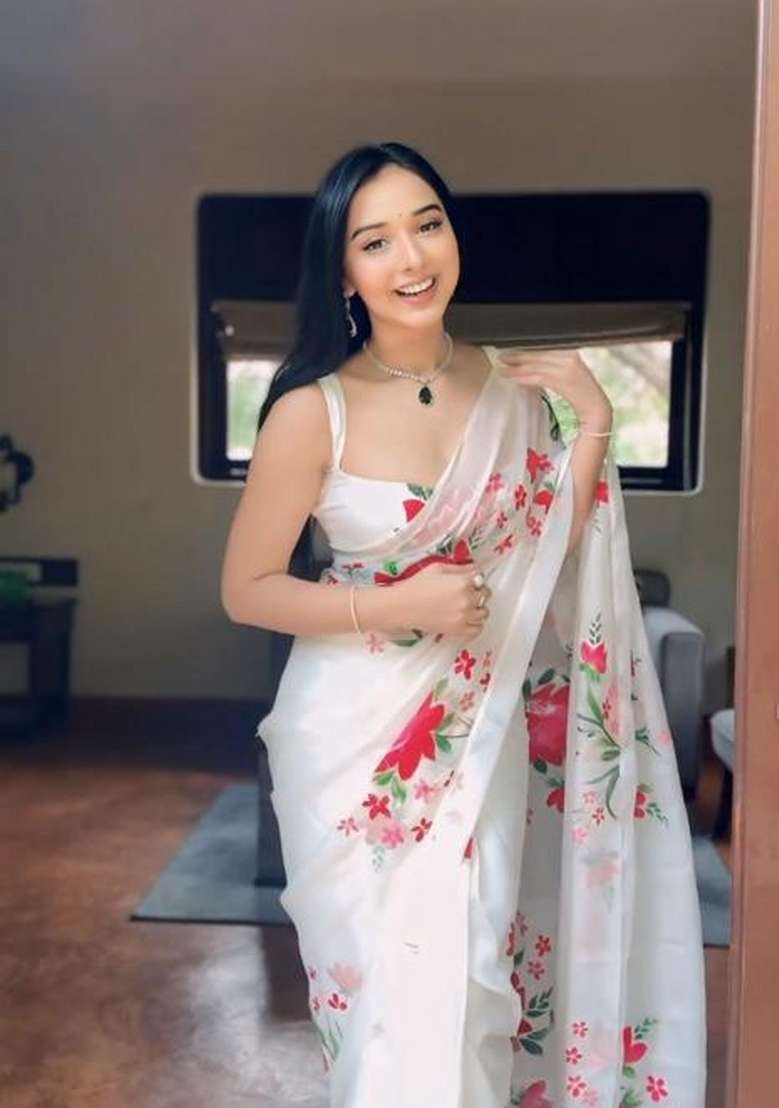 White Embroidered Organza Saree Set - Indya