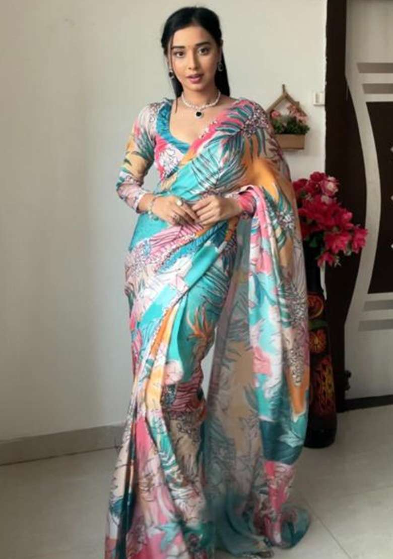 Sky Blue Mix Embroidered Georgette Saree Set - Indya