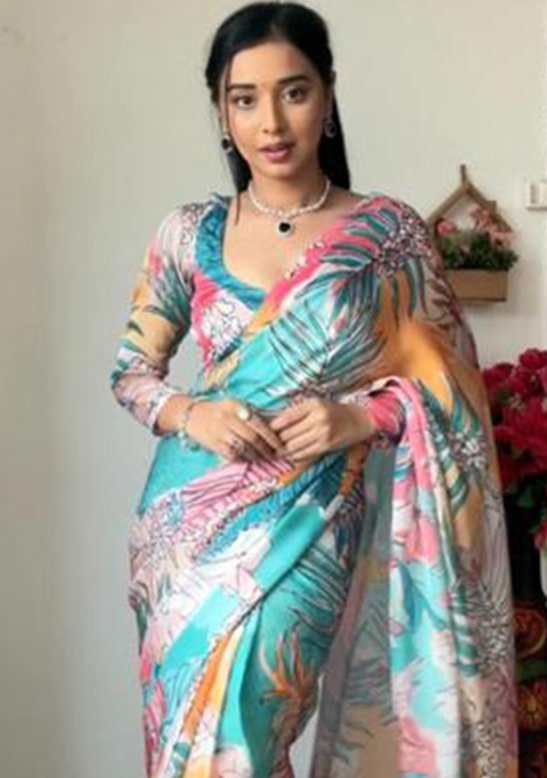 Sky Blue Mix Embroidered Georgette Saree Set - Indya