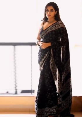Black Embroidered Cotton Saree Set