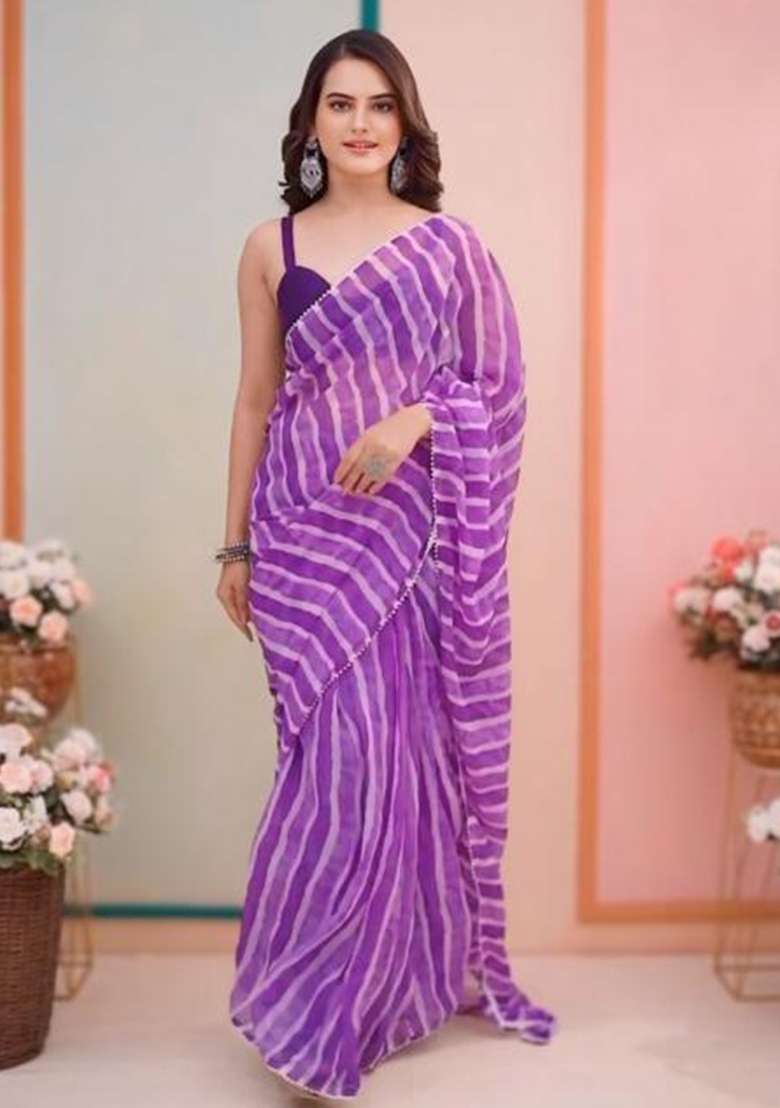 Purple Embroidered Georgette Saree Set - Indya