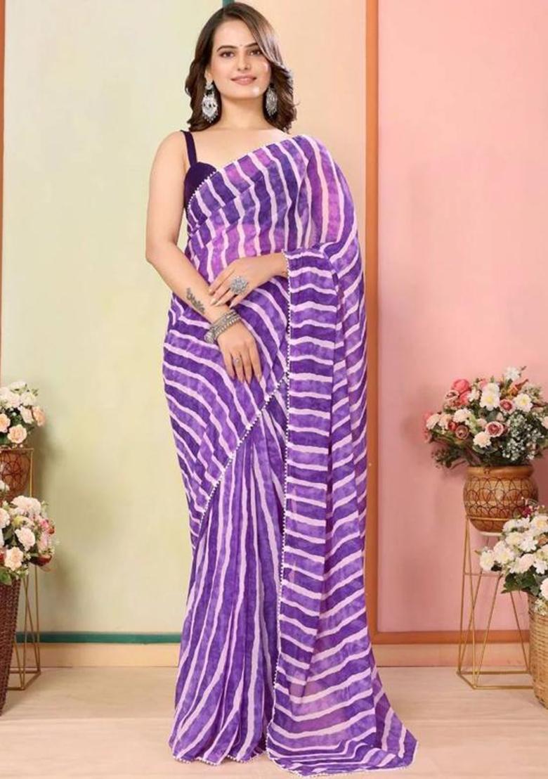 Purple Embroidered Georgette Saree Set - Indya