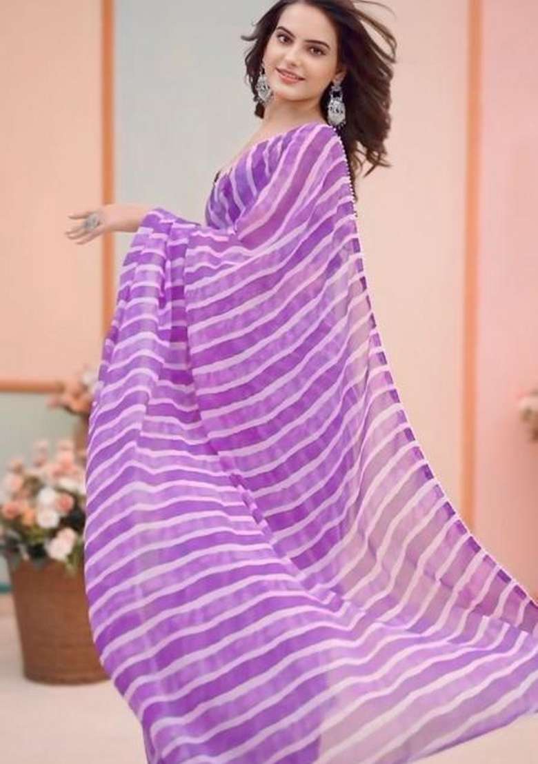 Purple Embroidered Georgette Saree Set - Indya