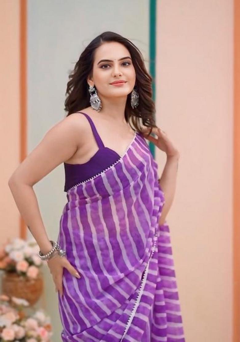 Purple Embroidered Georgette Saree Set - Indya