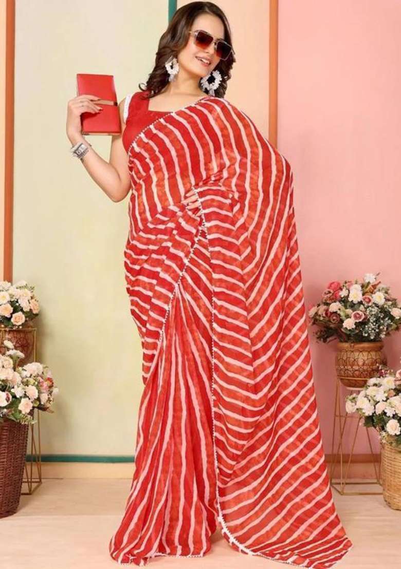 Red Embroidered Georgette Saree Set - Indya