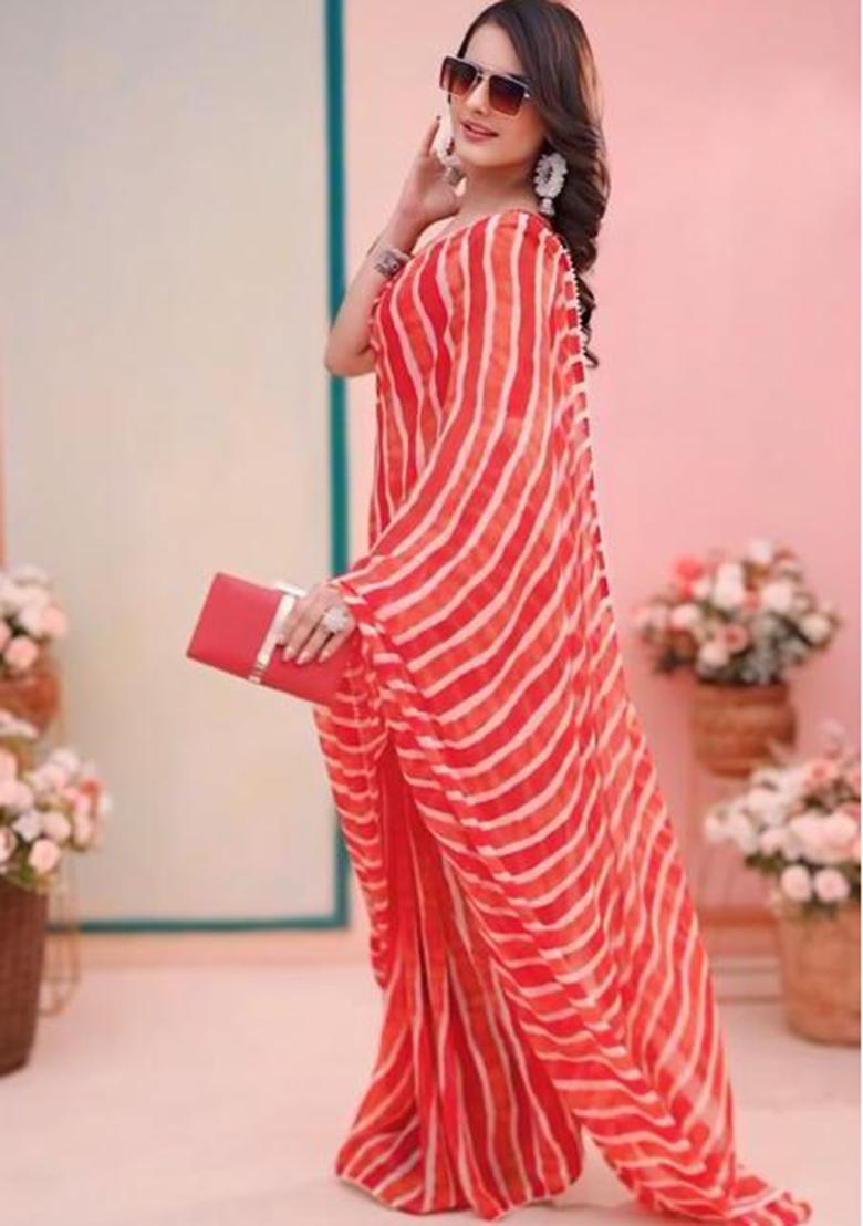 Red Embroidered Georgette Saree Set - Indya