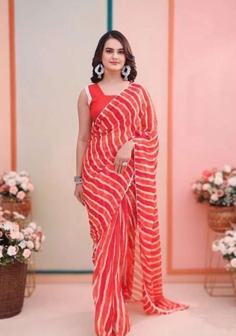 Red Embroidered Georgette Saree Set - Indya