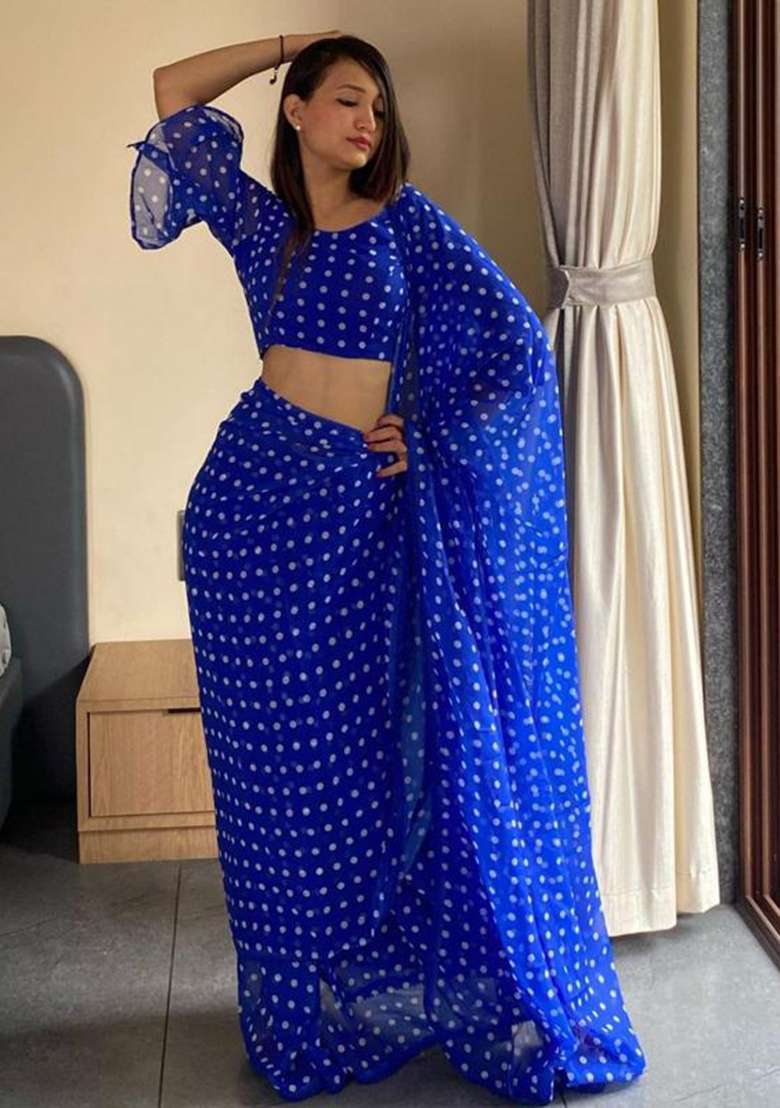 Blue Embroidered Georgette Saree Set - Indya