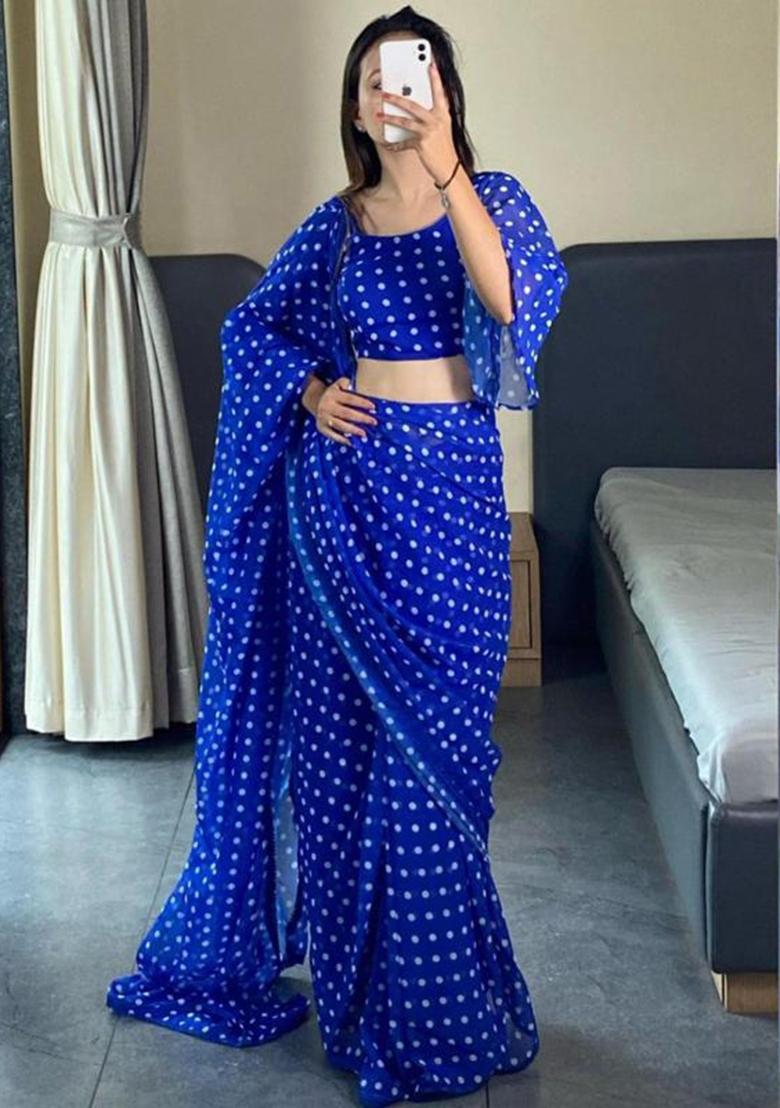 Blue Embroidered Georgette Saree Set - Indya