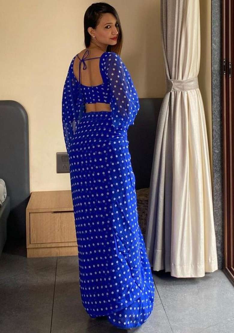 Blue Embroidered Georgette Saree Set - Indya