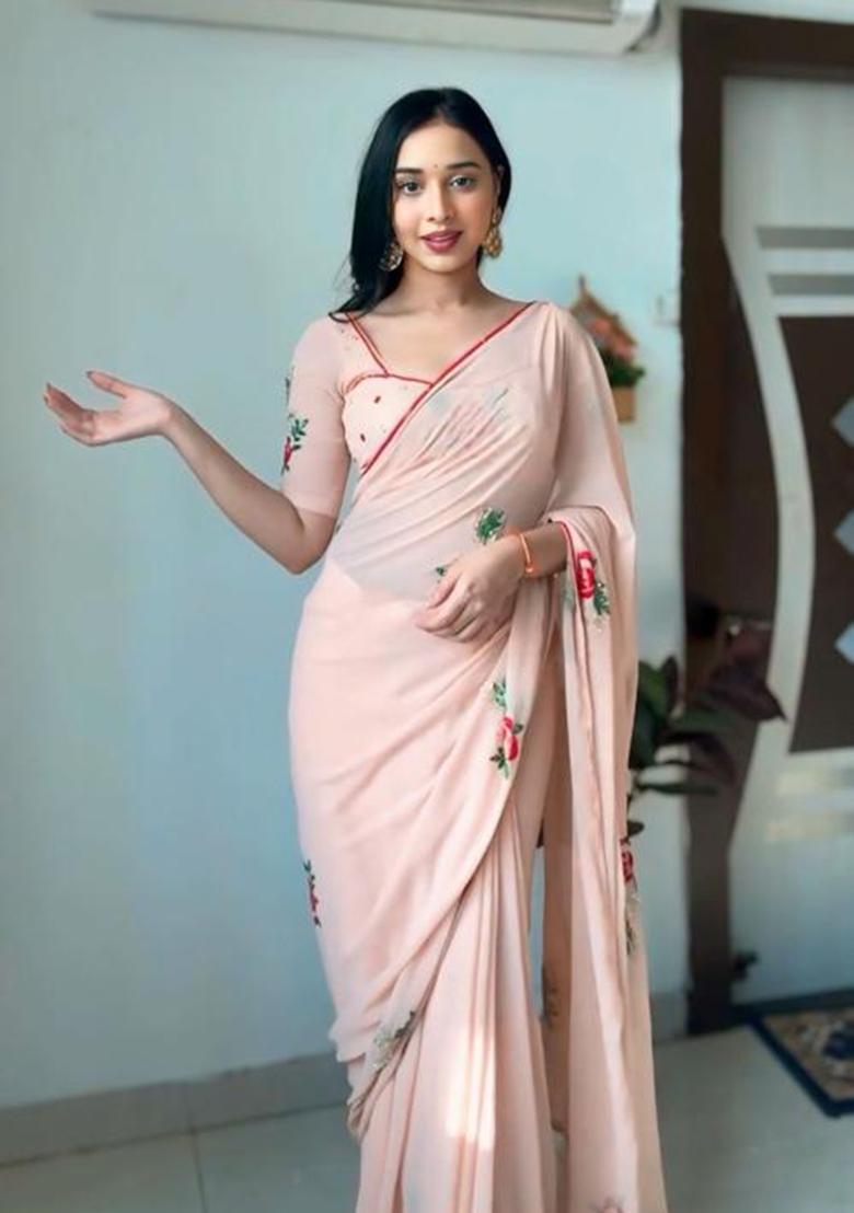 Peach Embroidered Georgette Saree Set - Indya