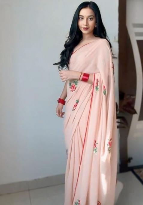 Peach Embroidered Georgette Saree Set
